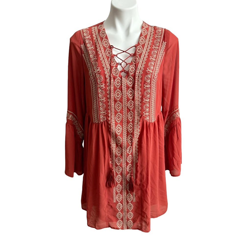 Mi Ami Dianna Rust Pumpkin Fall Orange Embroidered Lace Up Boho Mini Dress PSL s